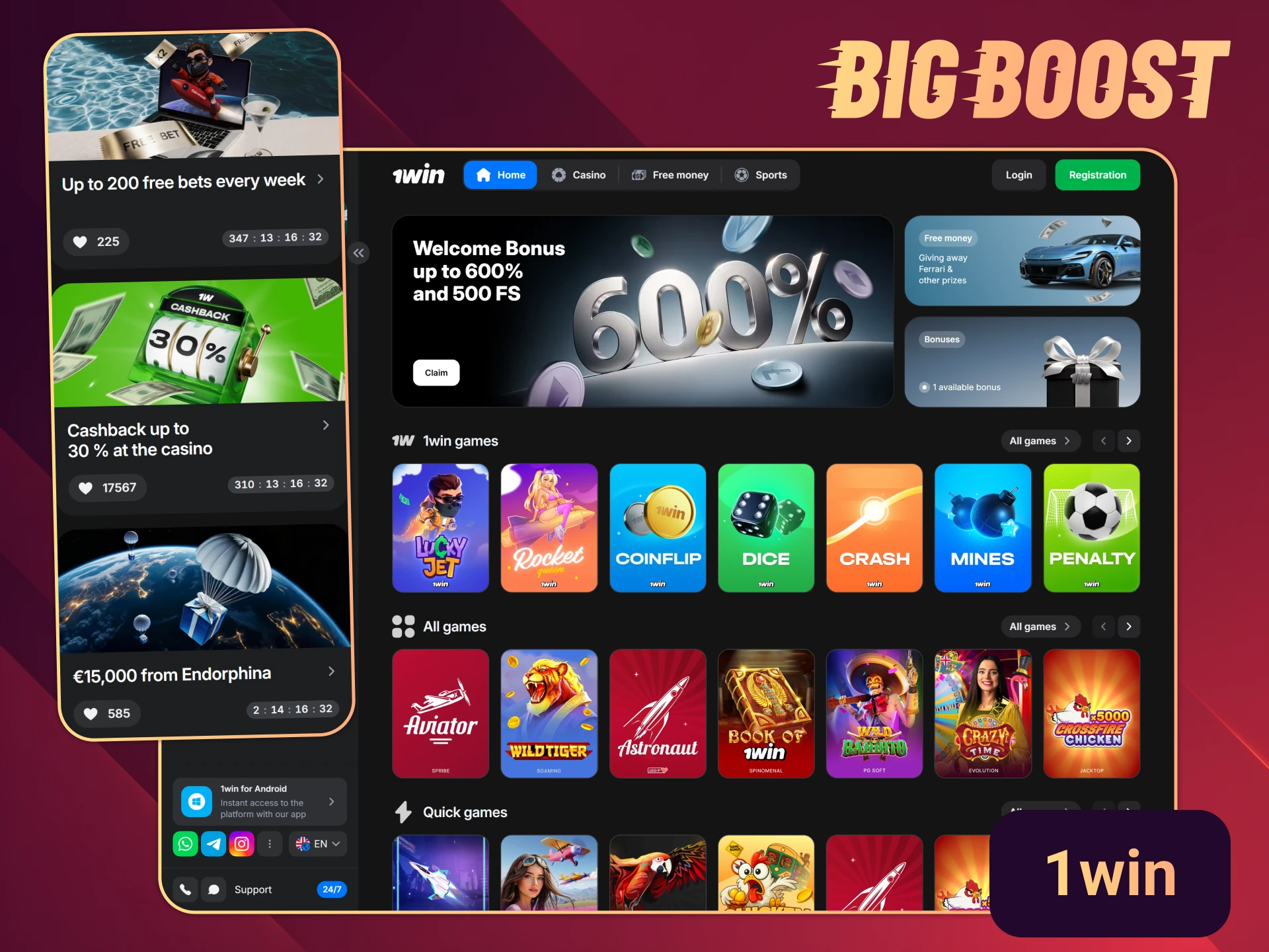 Try 1win original games and bonuses while Big Boost is on maintenance.