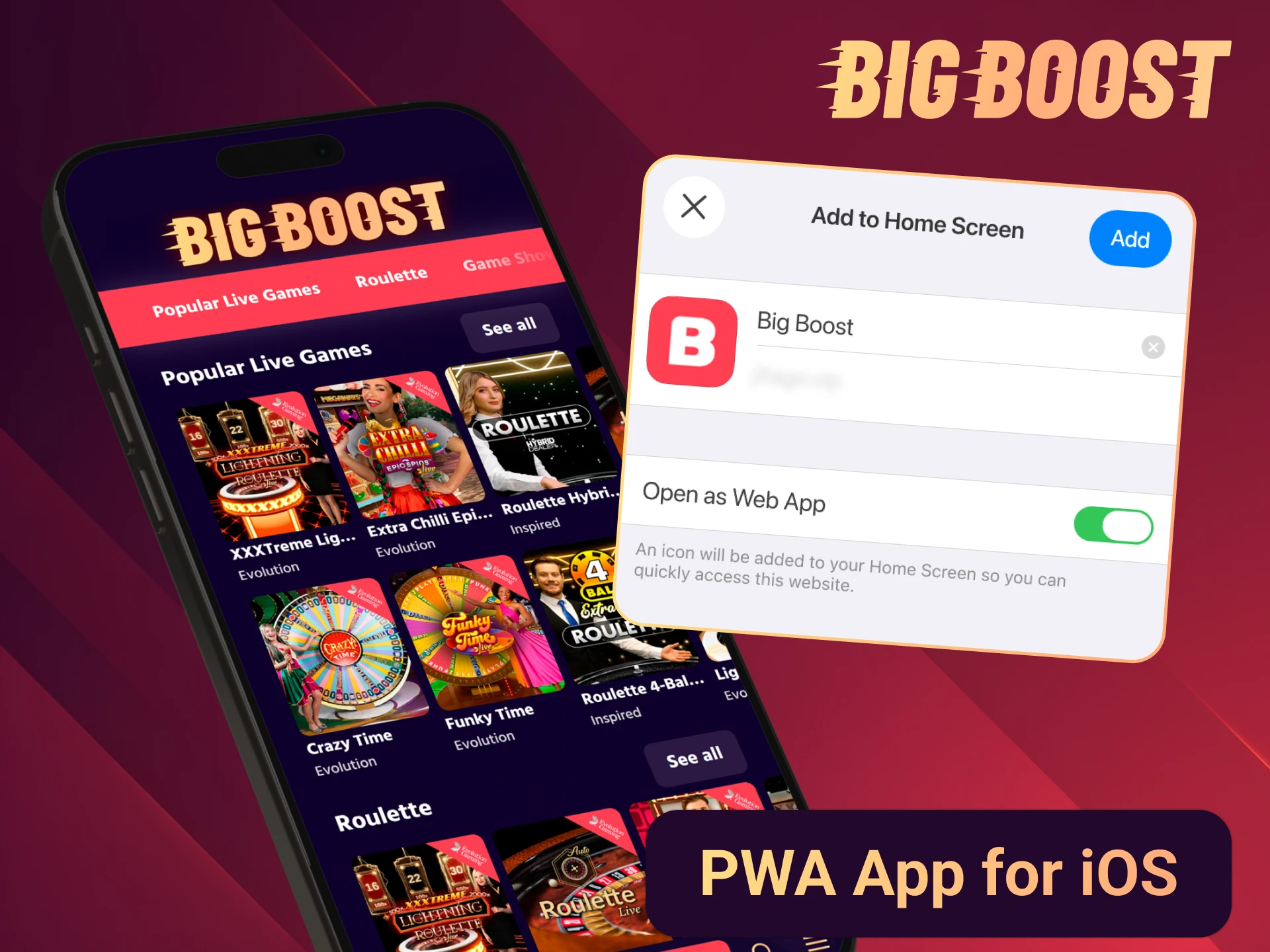 Use PWA function on your iOS to get Big Boost app.