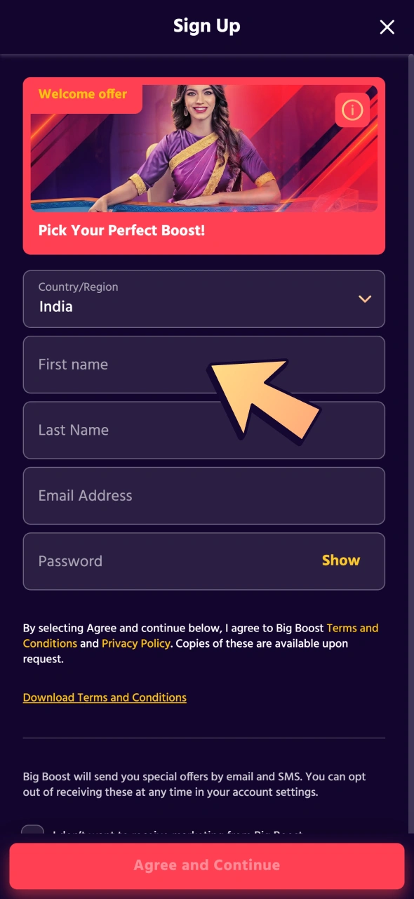 Fill all registration form fields to get Big Boost account.